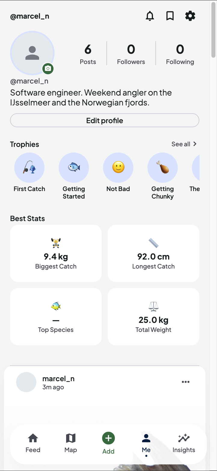 Fishub profile with trophies and stats