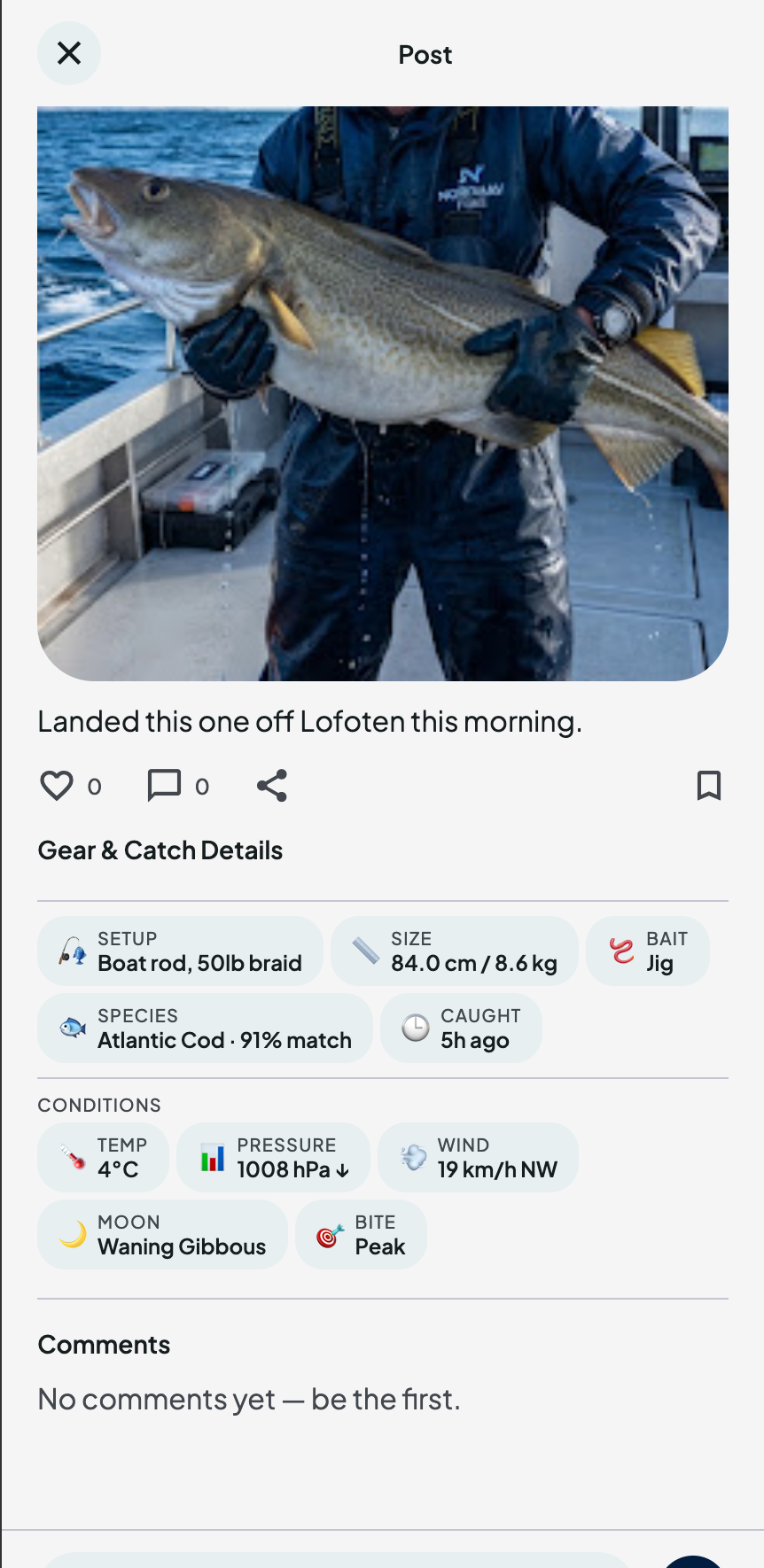 Fishub catch detail with gear stats and live conditions